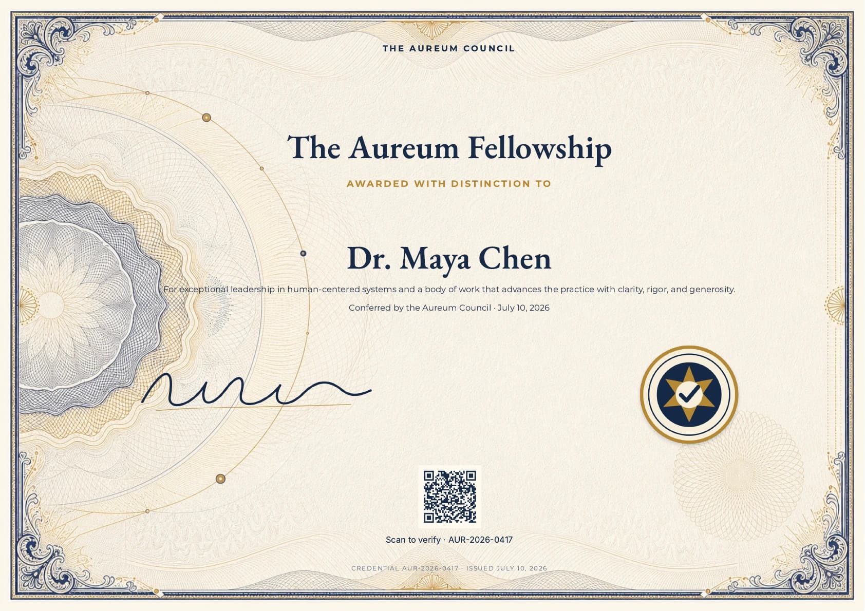 The finished Aureum Fellowship certificate with guilloche engraving and verification QR