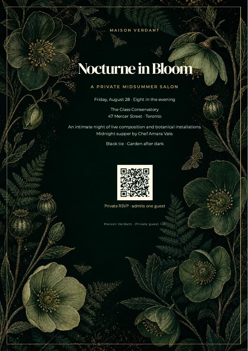 The finished Nocturne in Bloom botanical invitation rendered as an A5 PDF