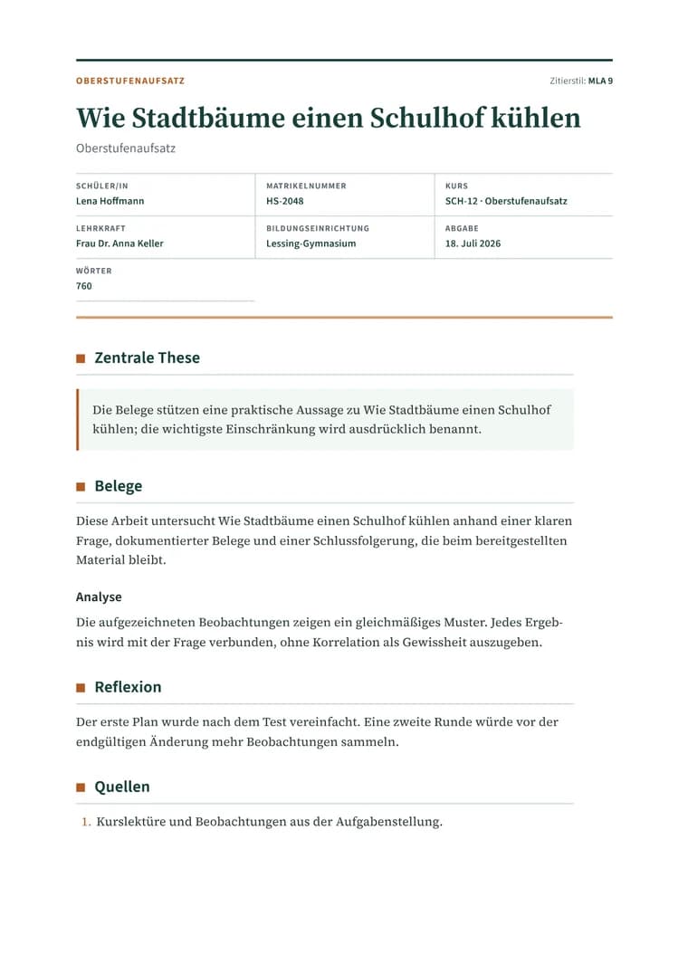 Rendered High School Essay PDF with a clear title sheet, thesis callout, evidence, and reflection