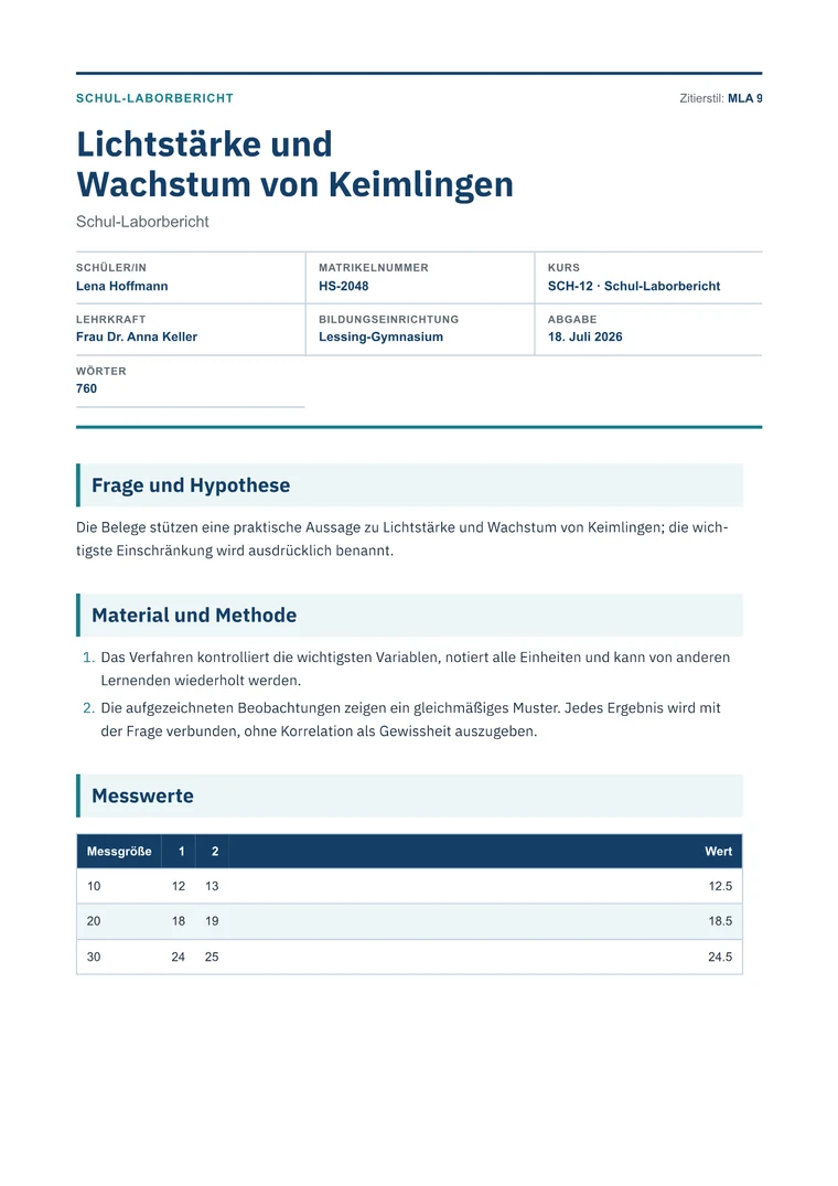 Rendered High School Lab Report PDF with hypothesis, method, observations, chart, and conclusion