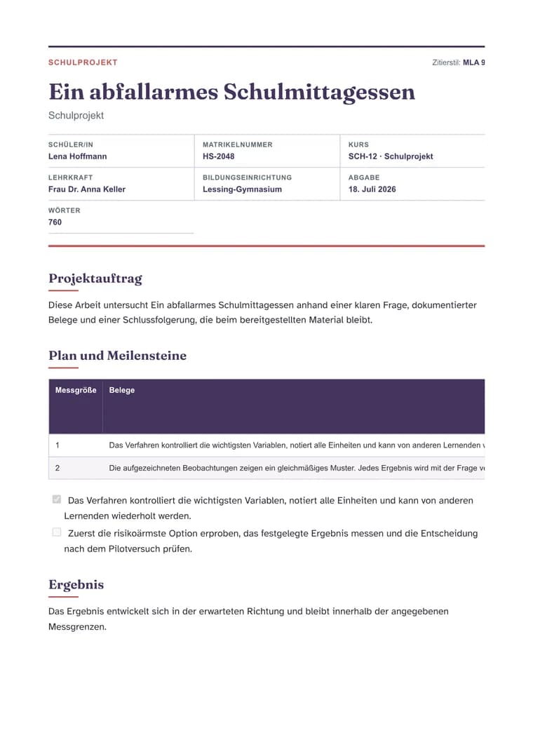 Rendered High School Project PDF with project brief, milestones, evidence, and reflection