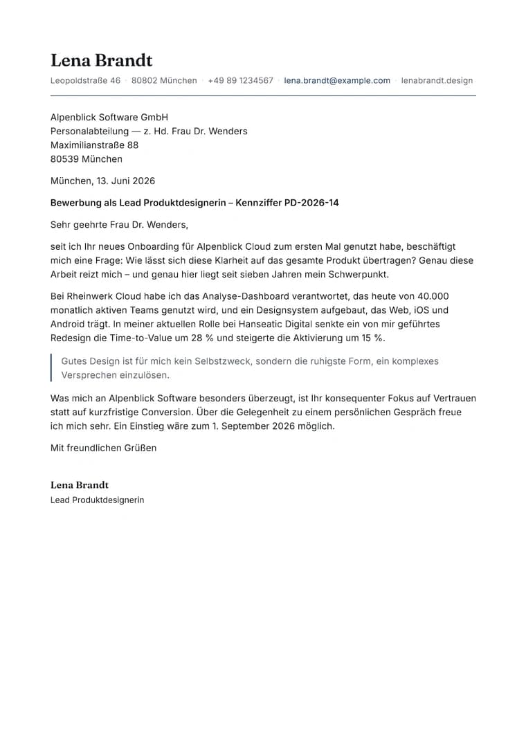 Rendered Modern Letterhead cover letter PDF with editorial typography and signed closing