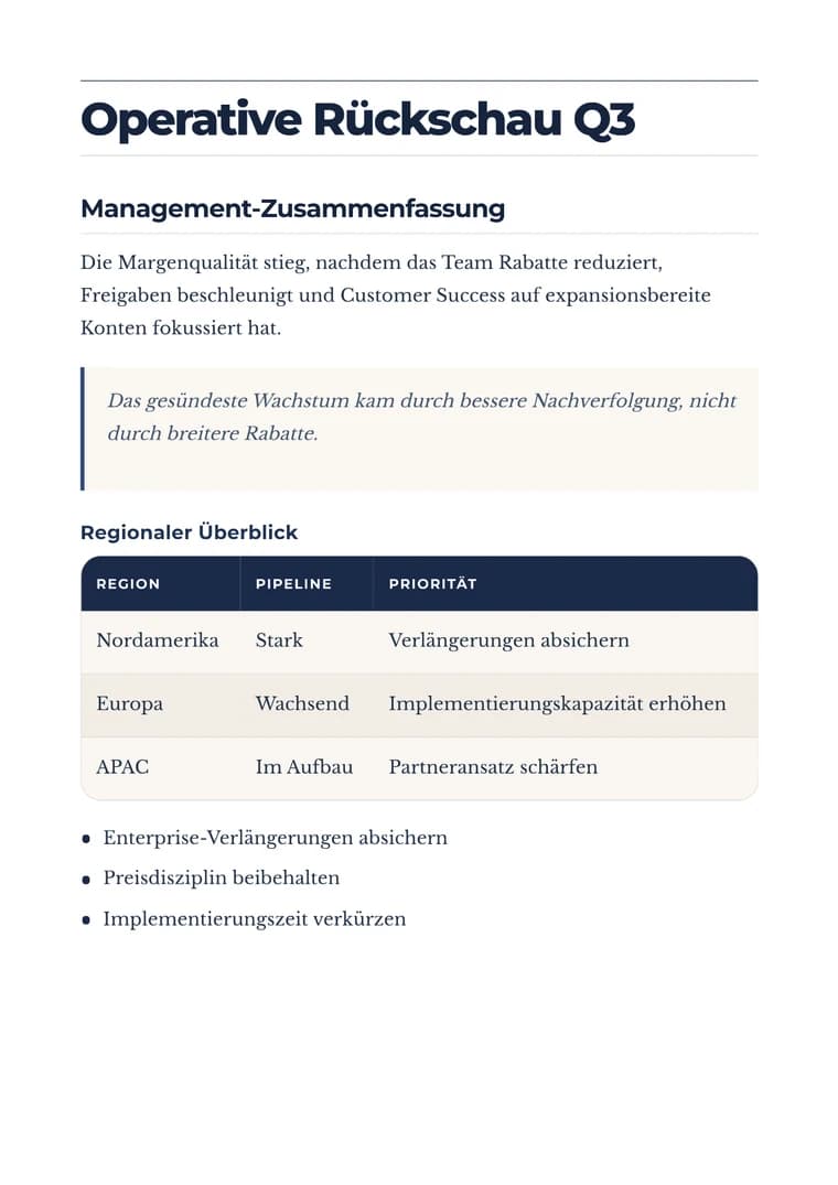 Rendered Executive PDF preview with operating review, pull quote, table, and bullets