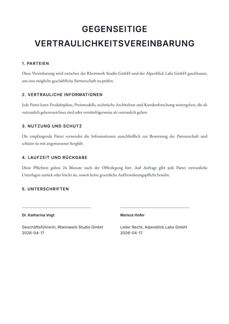 Rendered Legal PDF preview with numbered contract sections and signature blocks