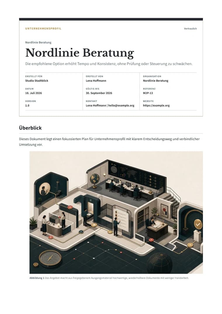 Rendered Company Profile PDF with mission, capabilities, sectors, leadership, and contact details