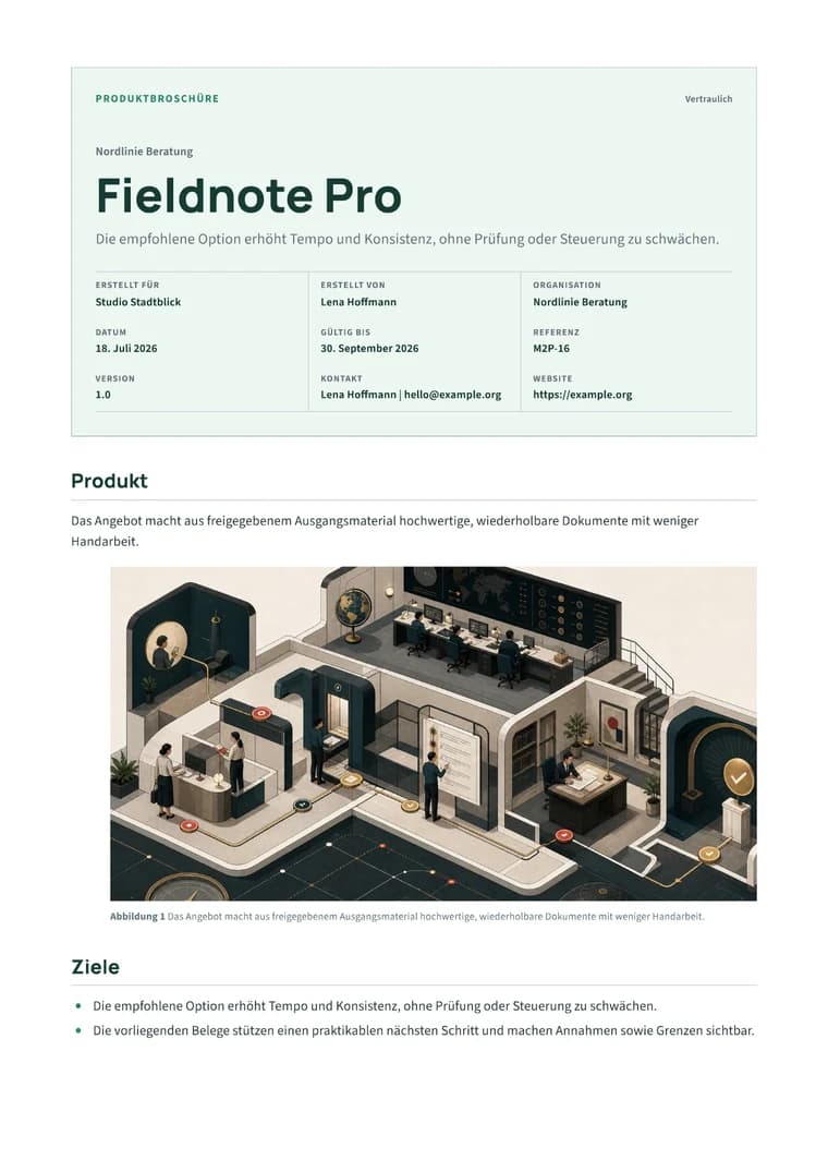 Rendered Product Brochure PDF with benefits, visual feature story, specifications, and call to action