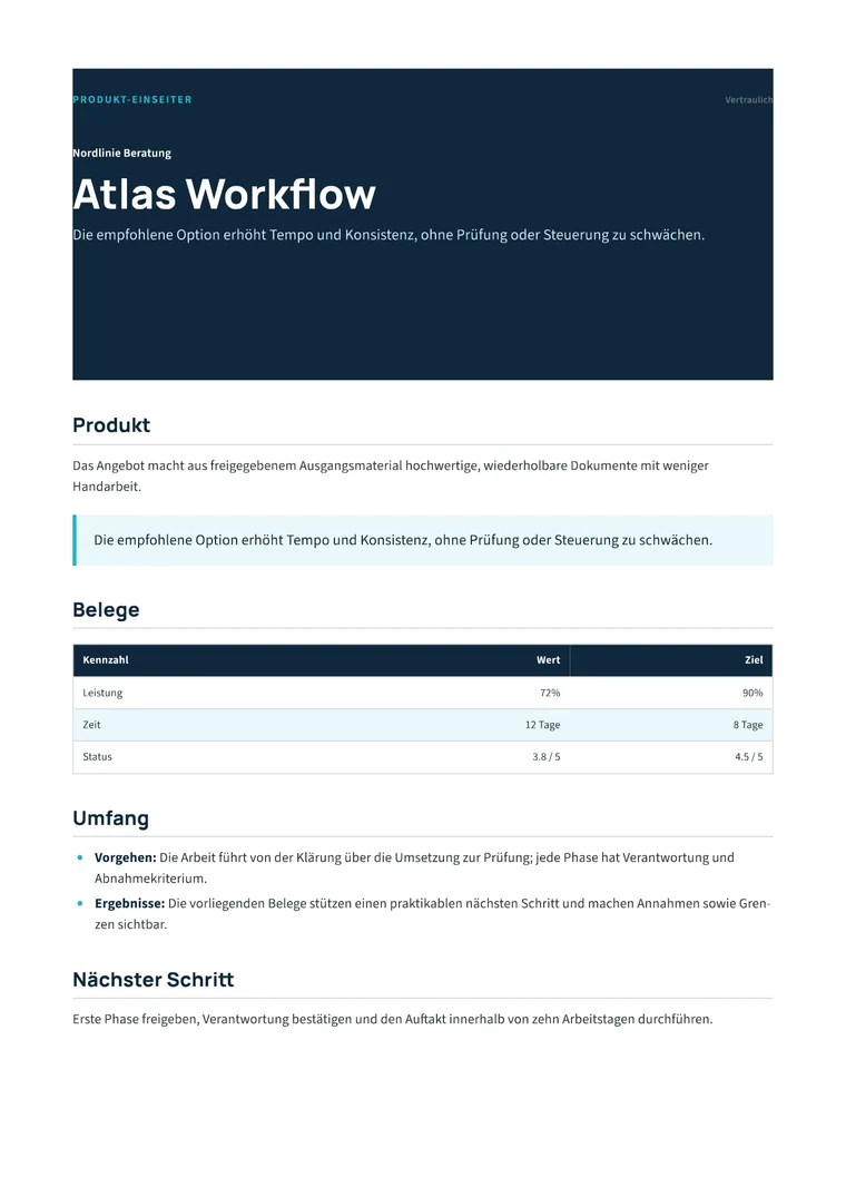 Rendered Product One-Pager PDF with positioning, proof metrics, capabilities, and call to action