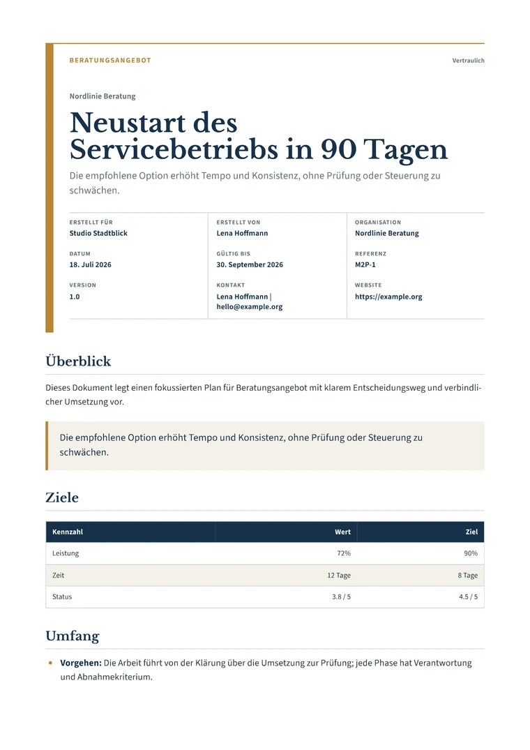 Rendered Consulting Proposal PDF with executive scope, outcomes, timeline, and fees