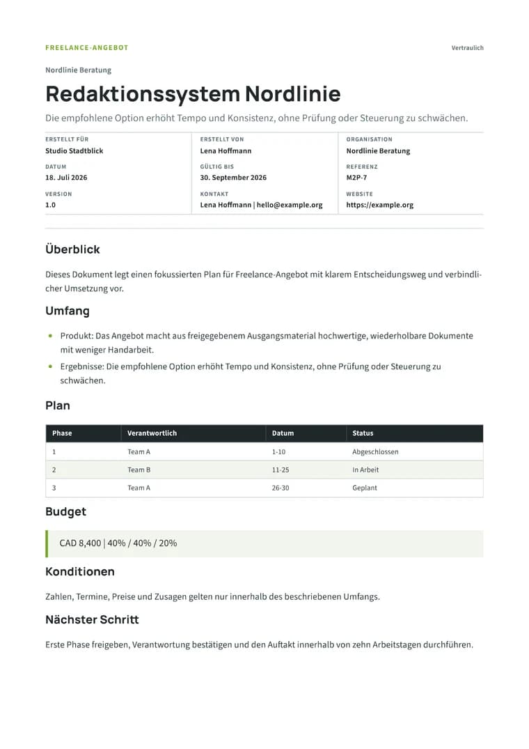 Rendered Freelance Proposal PDF with brief, deliverables, process, fee, and acceptance