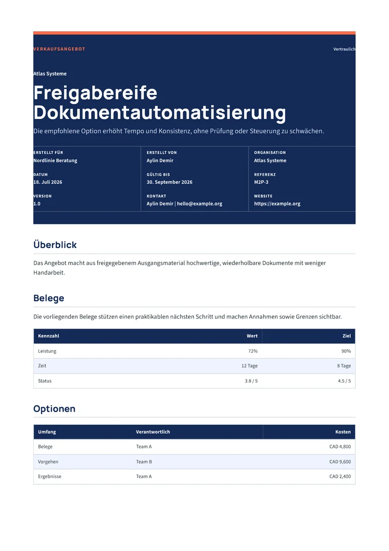 Rendered Sales Proposal PDF with value case, packages, ROI, and next steps
