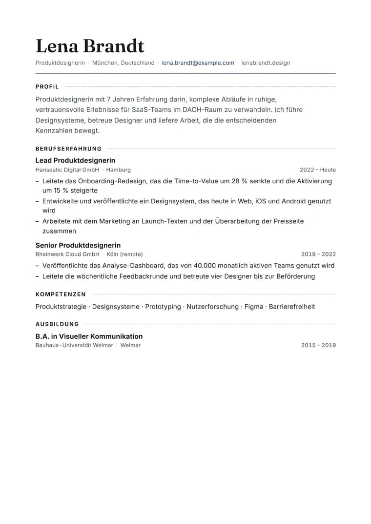Rendered Modern Editorial resume PDF with refined serif hierarchy
