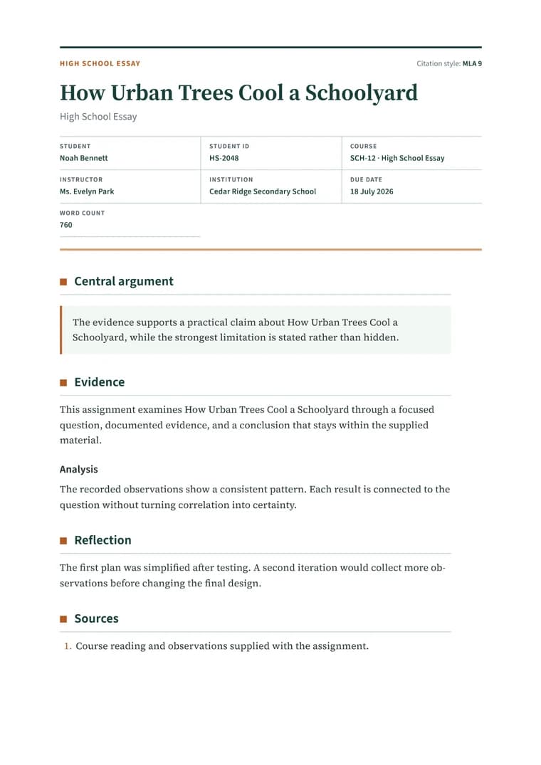 Rendered High School Essay PDF with a clear title sheet, thesis callout, evidence, and reflection