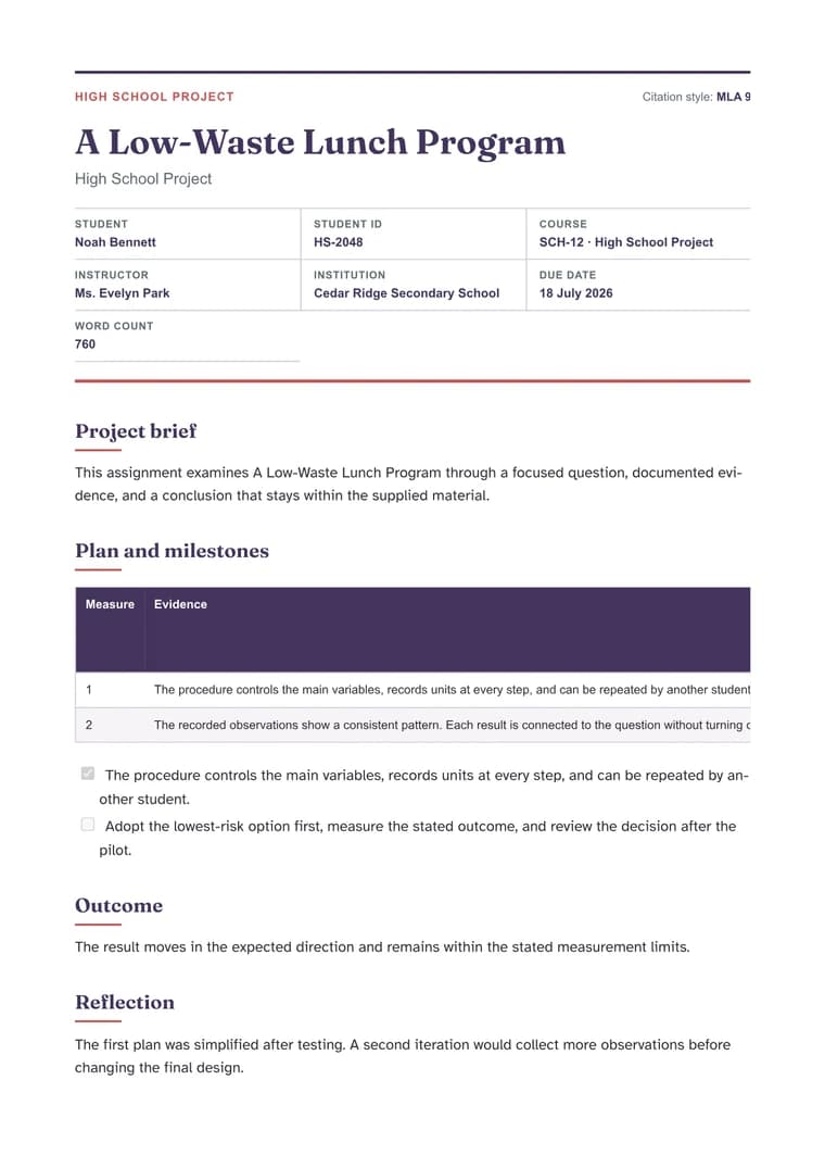 Rendered High School Project PDF with project brief, milestones, evidence, and reflection