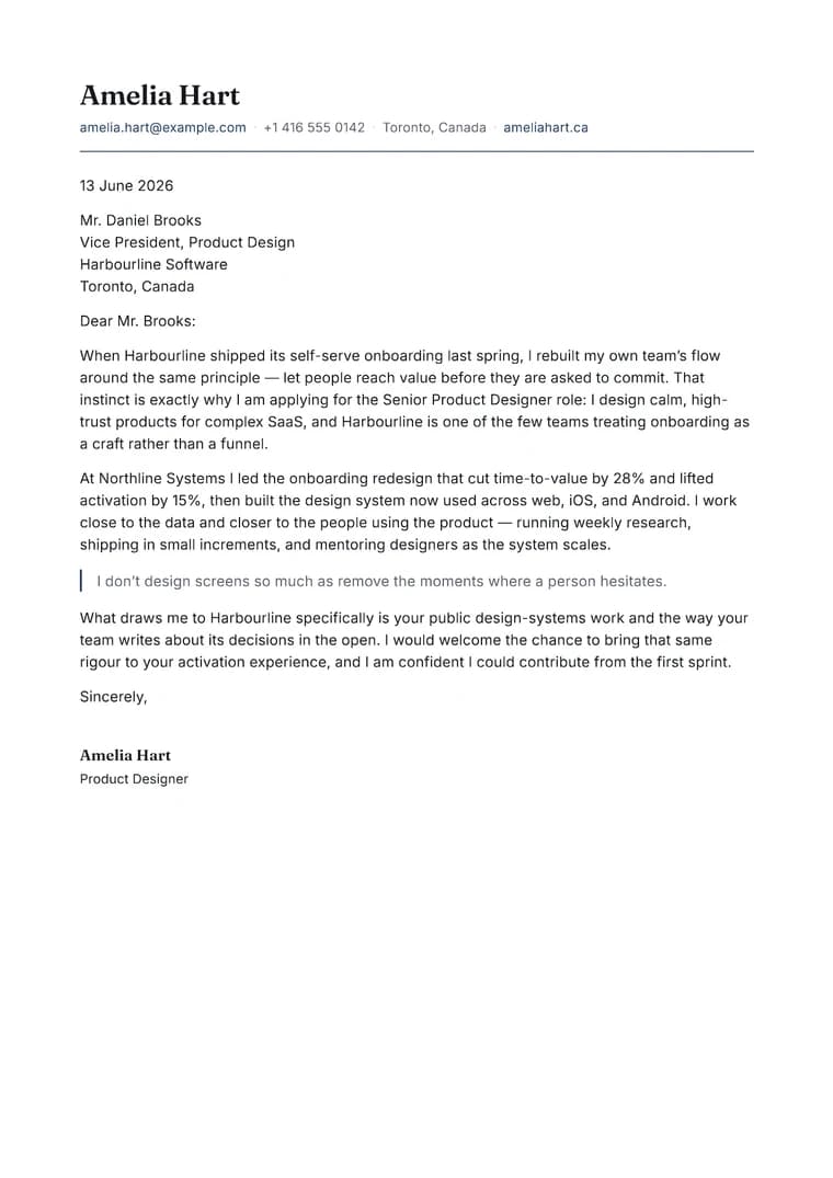 Rendered Modern Letterhead cover letter PDF with editorial typography and signed closing