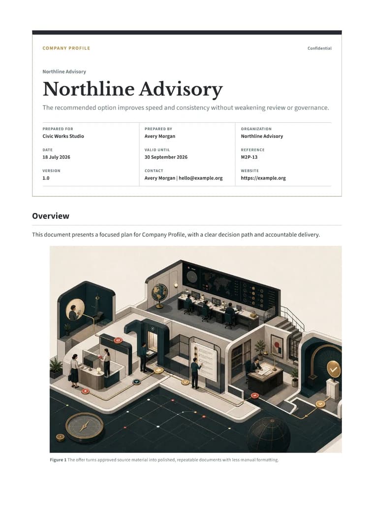Rendered Company Profile PDF with mission, capabilities, sectors, leadership, and contact details