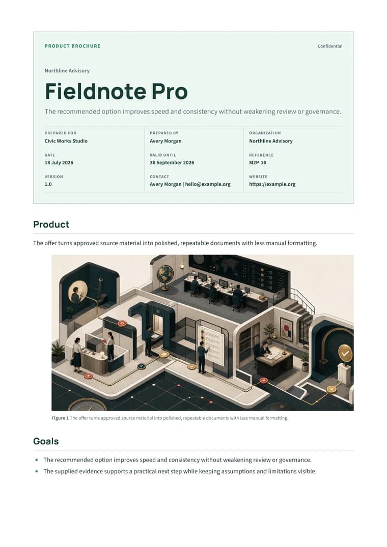 Rendered Product Brochure PDF with benefits, visual feature story, specifications, and call to action