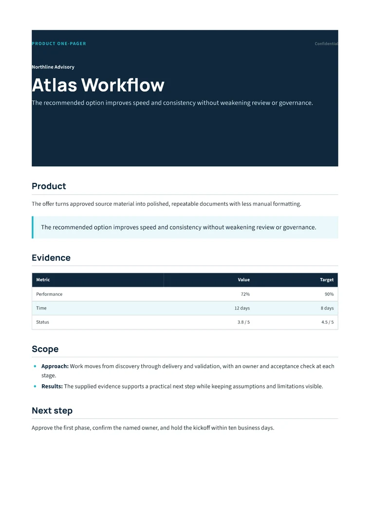 Rendered Product One-Pager PDF with positioning, proof metrics, capabilities, and call to action
