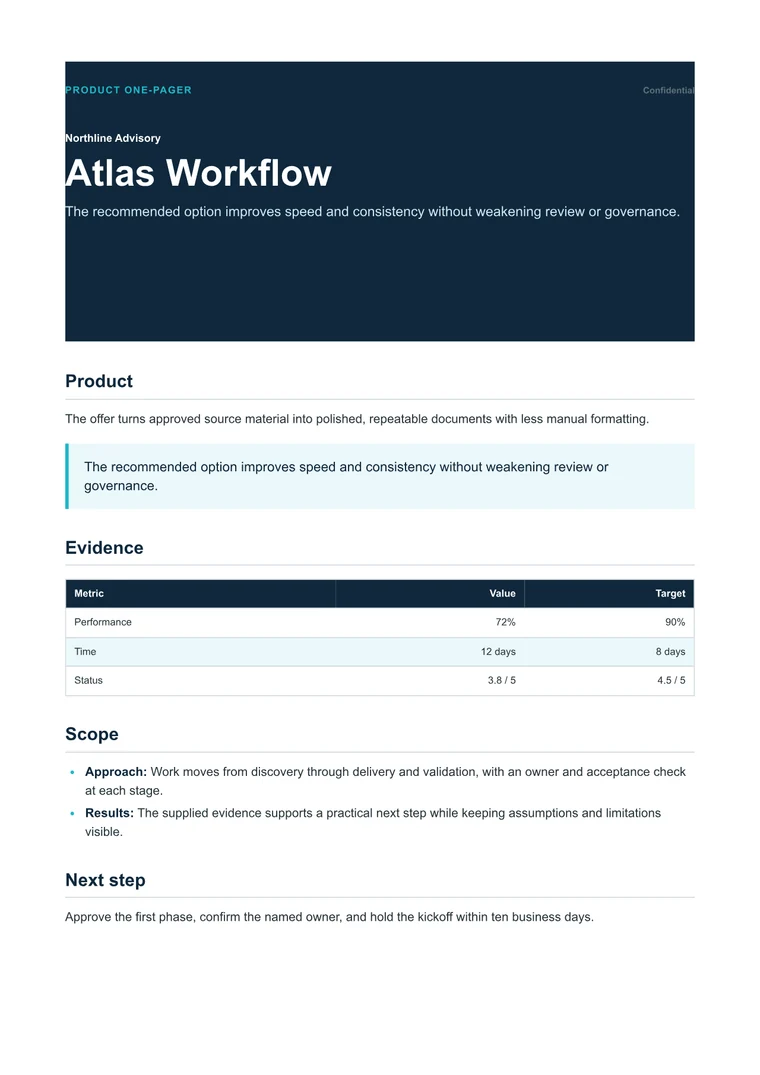 Rendered Product One-Pager PDF with positioning, proof metrics, capabilities, and call to action