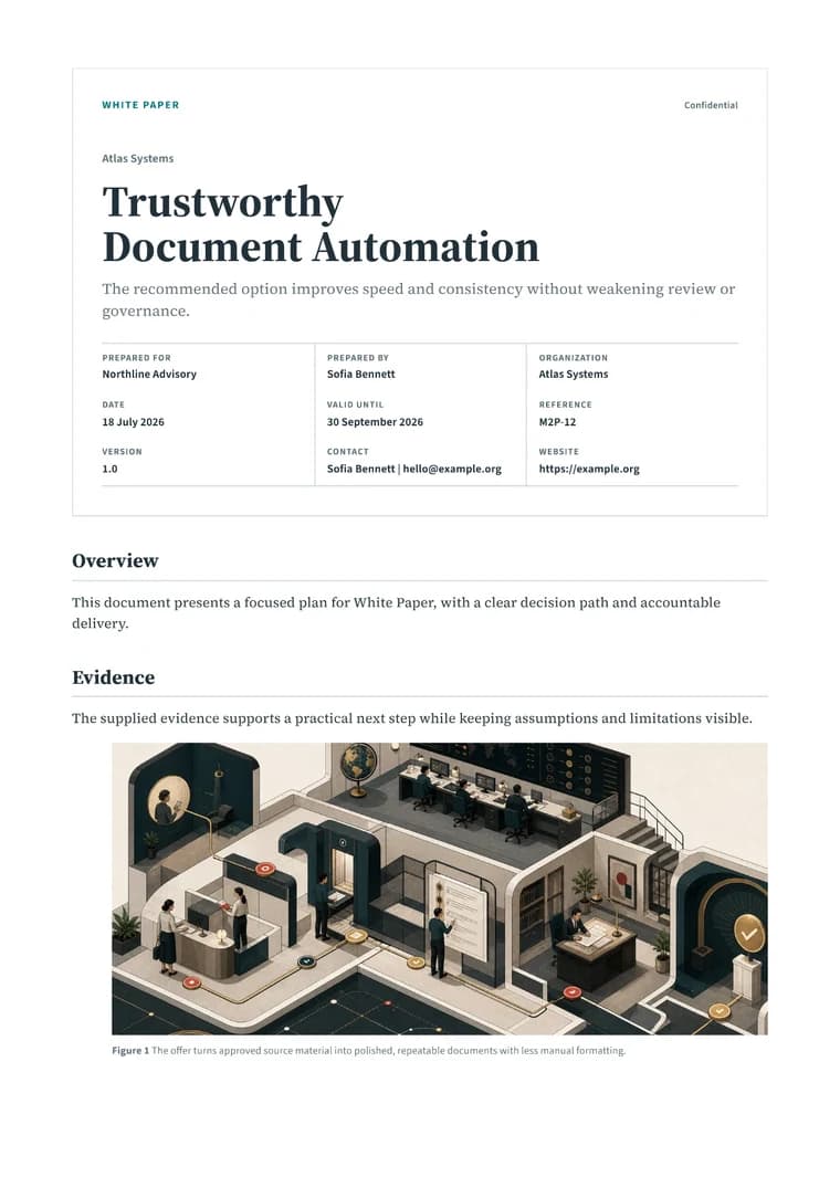 Rendered White Paper PDF with executive summary, evidence, figures, analysis, and recommendations