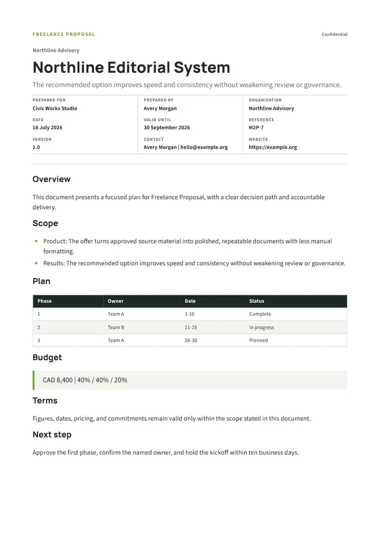 Rendered Freelance Proposal PDF with brief, deliverables, process, fee, and acceptance