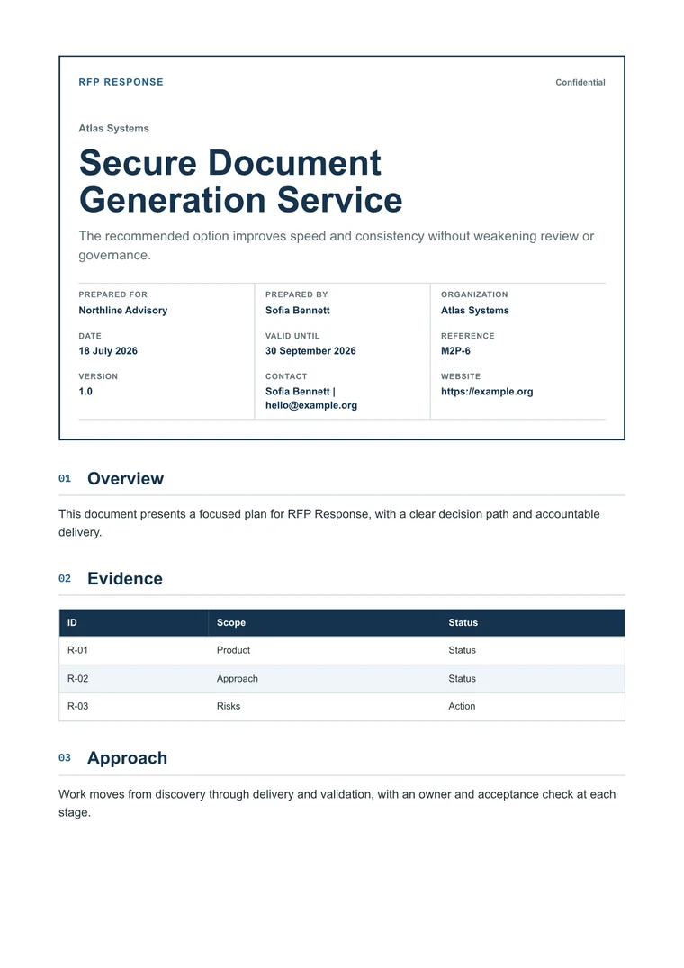 Rendered RFP Response PDF with compliance matrix, approach, security, and pricing