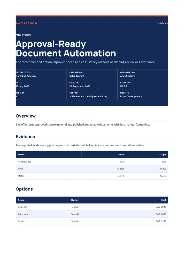 Rendered Sales Proposal PDF with value case, packages, ROI, and next steps