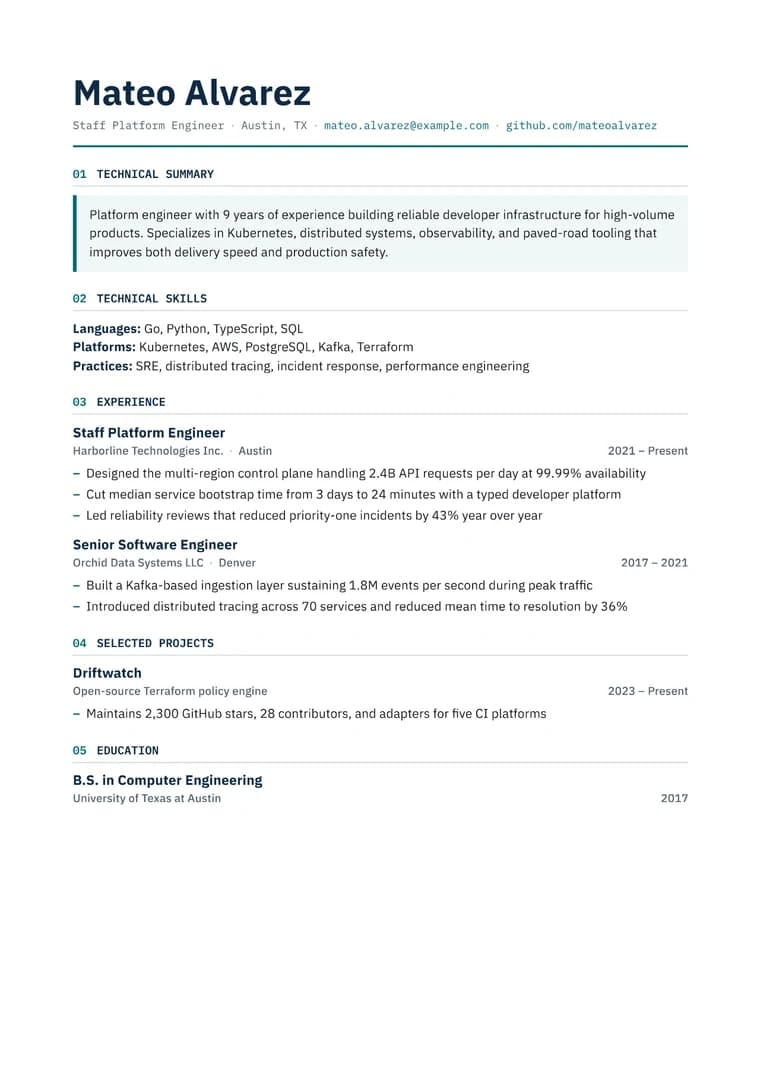 Rendered Technical Grid resume PDF with precise engineering typography