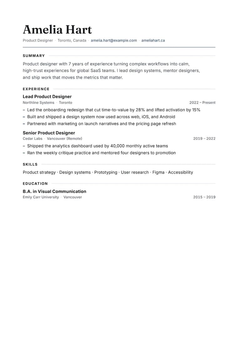 Rendered Modern Editorial resume PDF with refined serif hierarchy