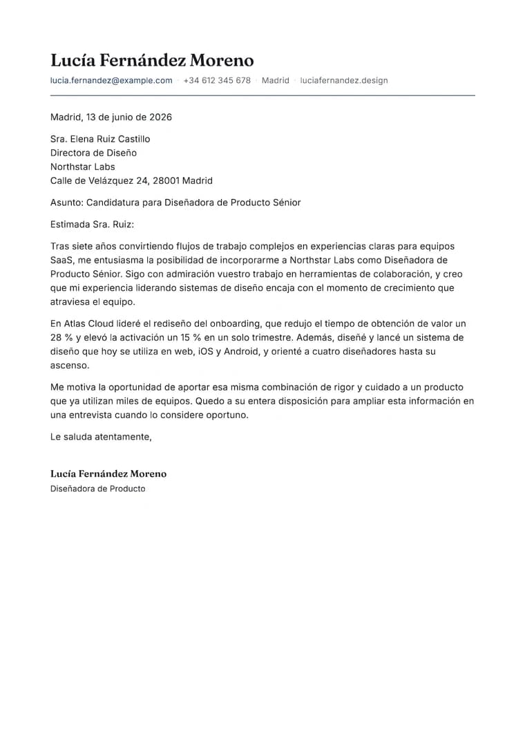 Rendered Modern Letterhead cover letter PDF with editorial typography and signed closing