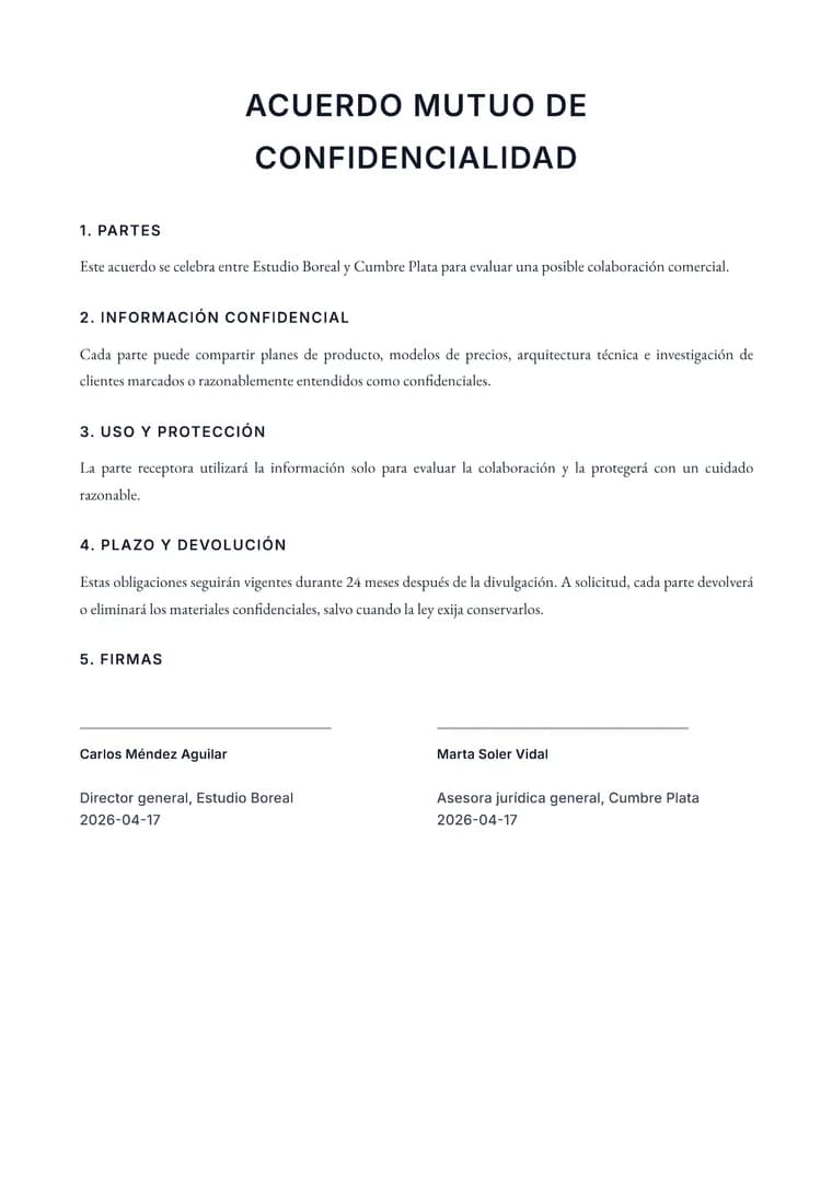 Rendered Legal PDF preview with numbered contract sections and signature blocks