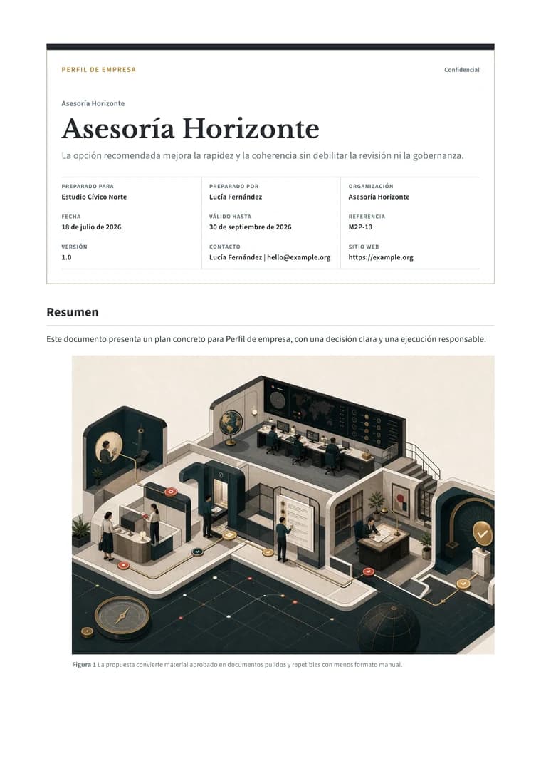 Rendered Company Profile PDF with mission, capabilities, sectors, leadership, and contact details