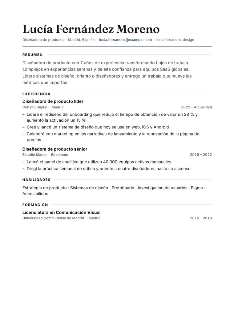 Rendered Modern Editorial resume PDF with refined serif hierarchy