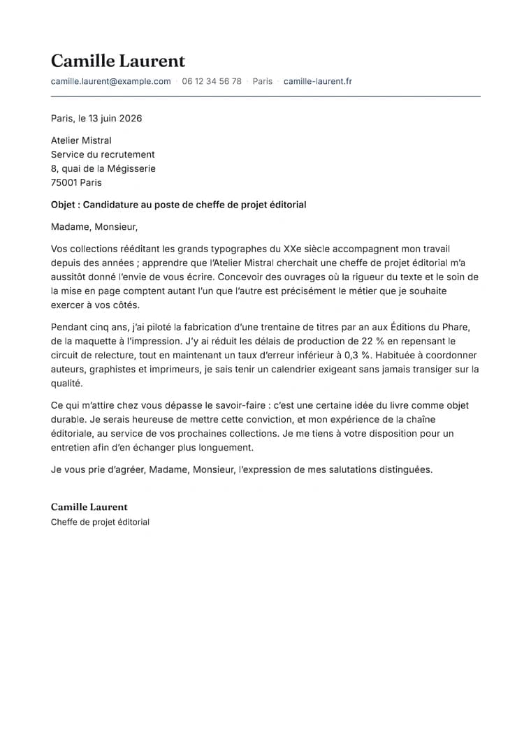 Rendered Modern Letterhead cover letter PDF with editorial typography and signed closing
