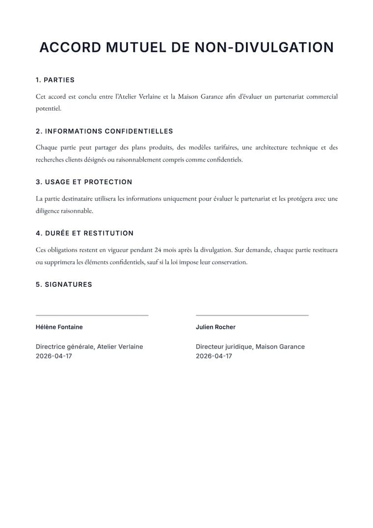 Rendered Legal PDF preview with numbered contract sections and signature blocks