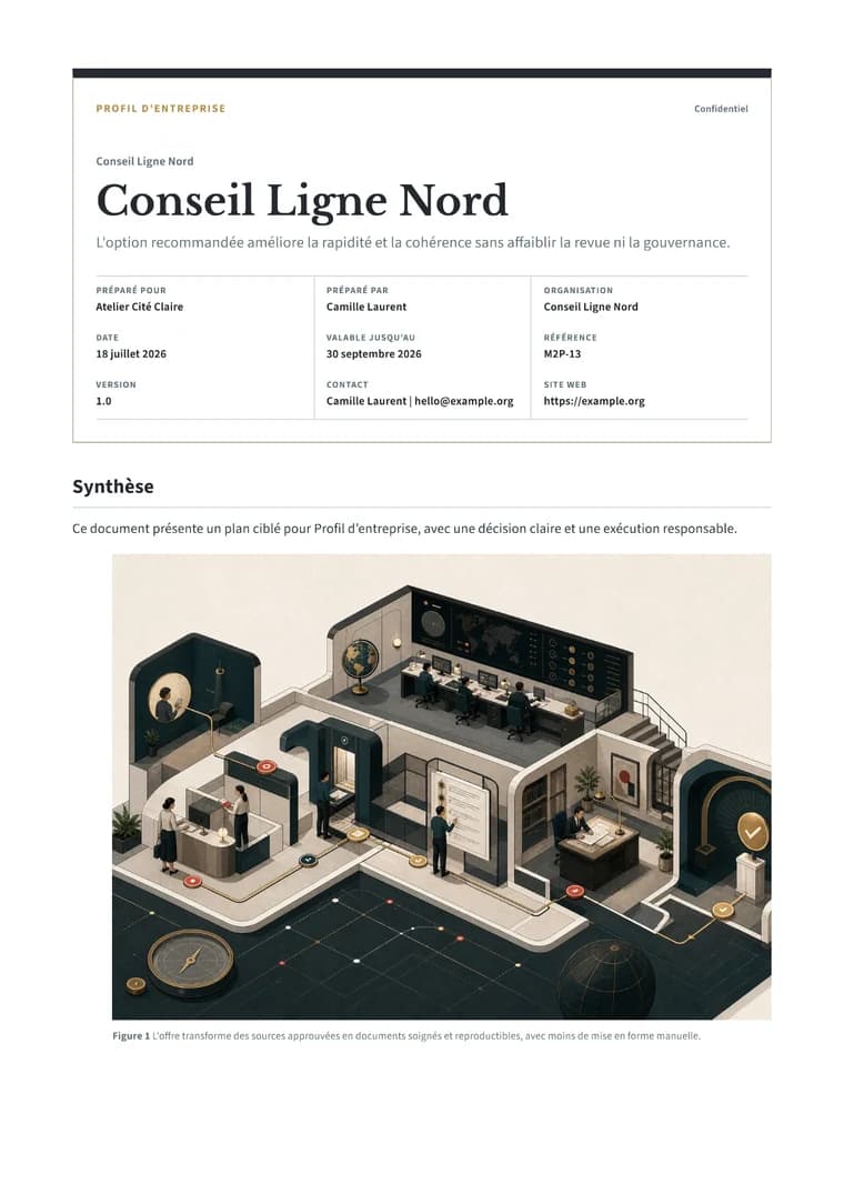 Rendered Company Profile PDF with mission, capabilities, sectors, leadership, and contact details