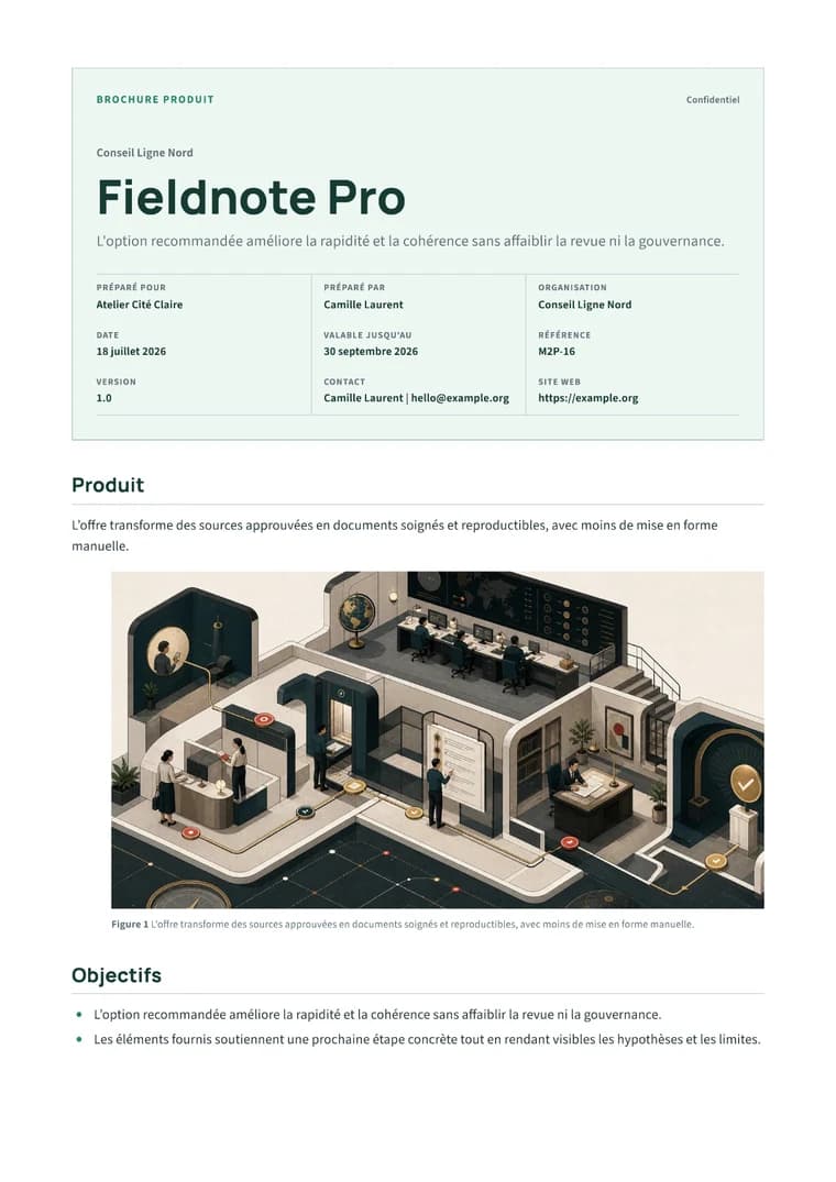 Rendered Product Brochure PDF with benefits, visual feature story, specifications, and call to action