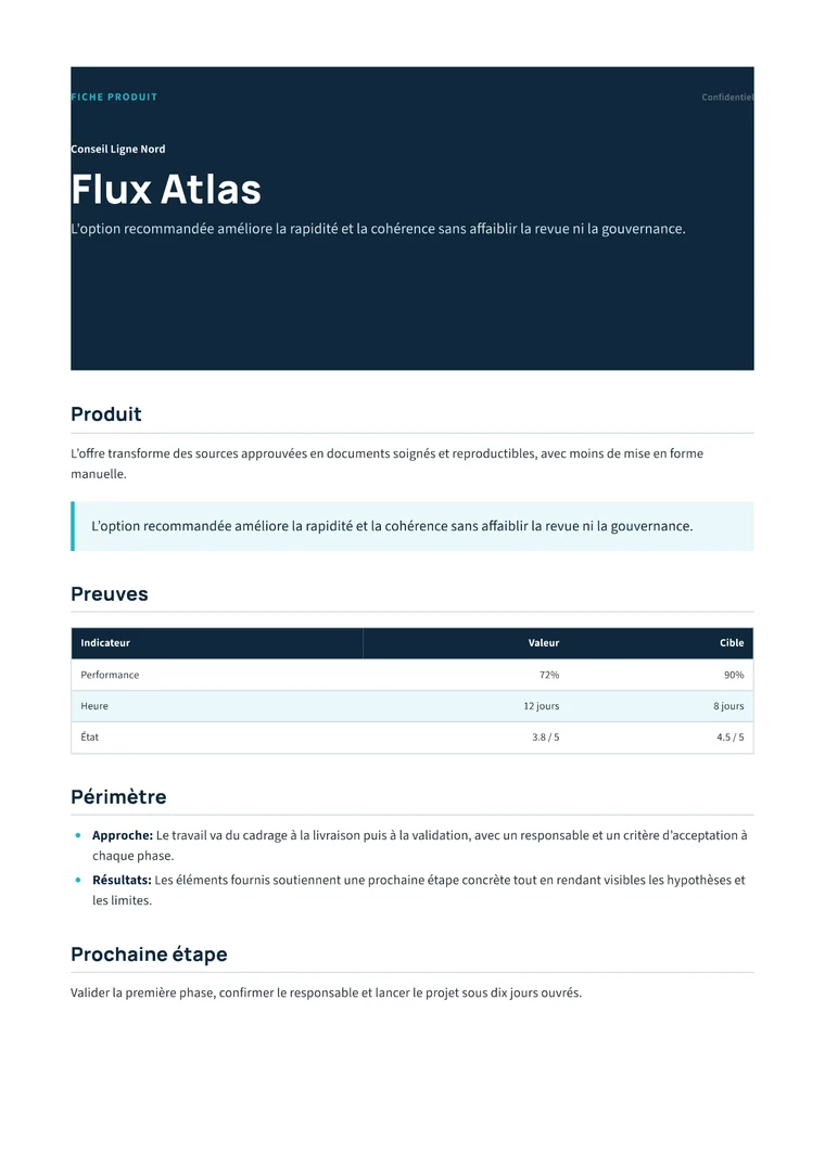 Rendered Product One-Pager PDF with positioning, proof metrics, capabilities, and call to action