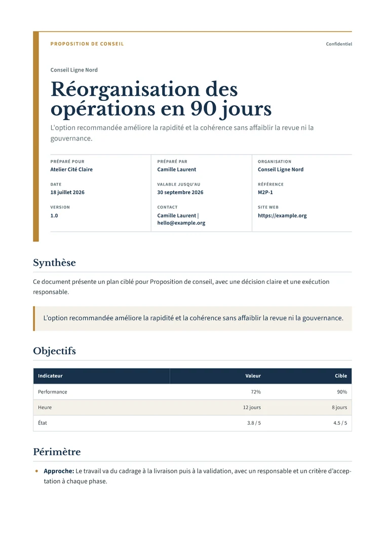 Rendered Consulting Proposal PDF with executive scope, outcomes, timeline, and fees