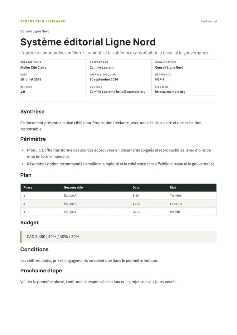 Rendered Freelance Proposal PDF with brief, deliverables, process, fee, and acceptance