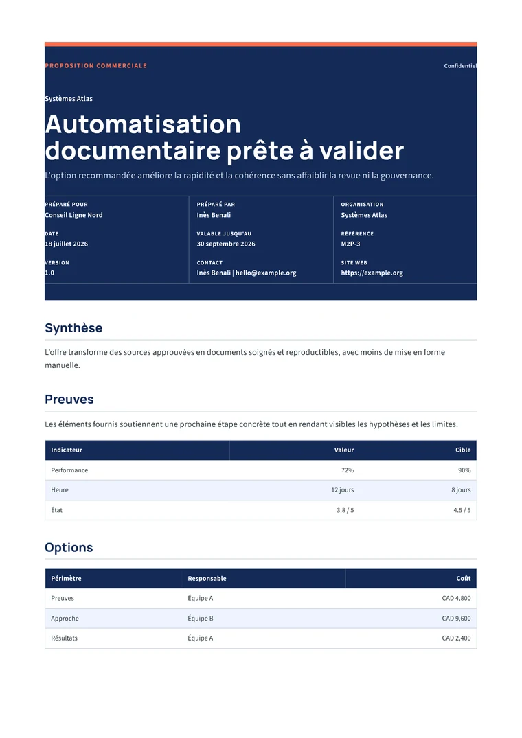 Rendered Sales Proposal PDF with value case, packages, ROI, and next steps
