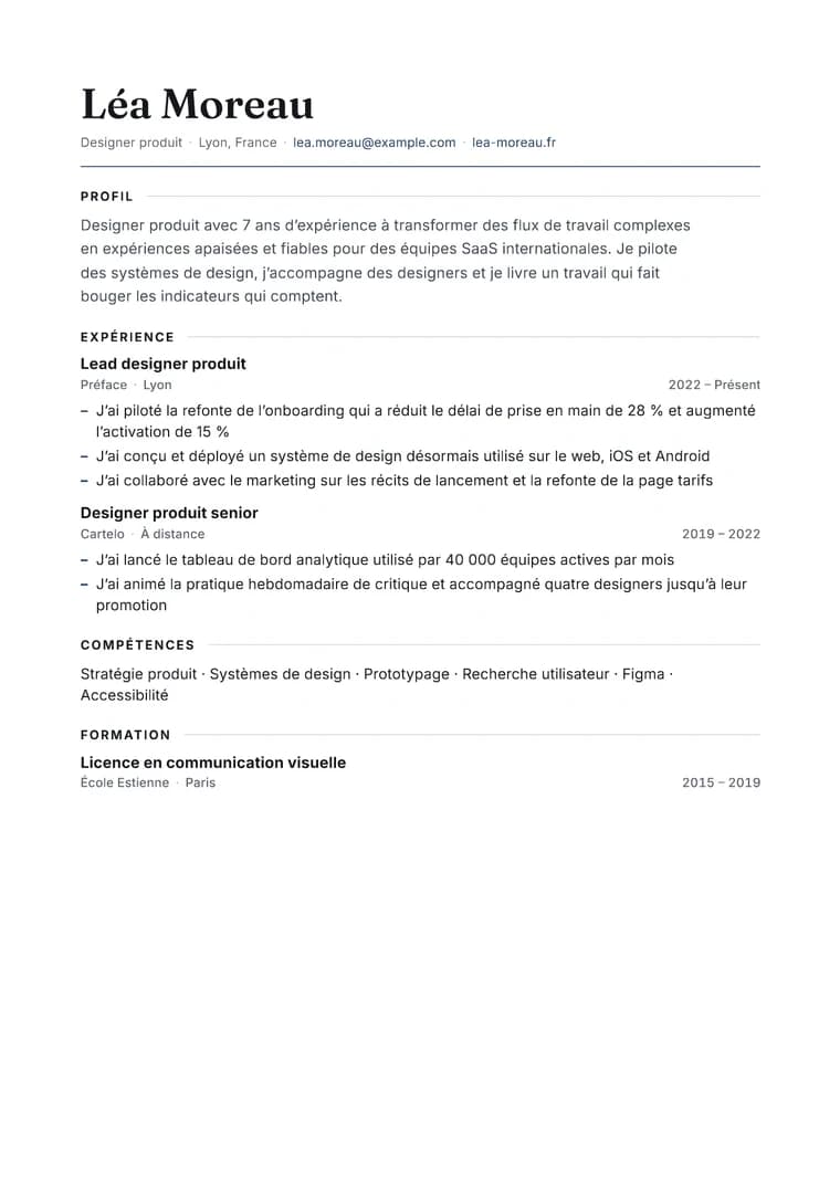 Rendered Modern Editorial resume PDF with refined serif hierarchy
