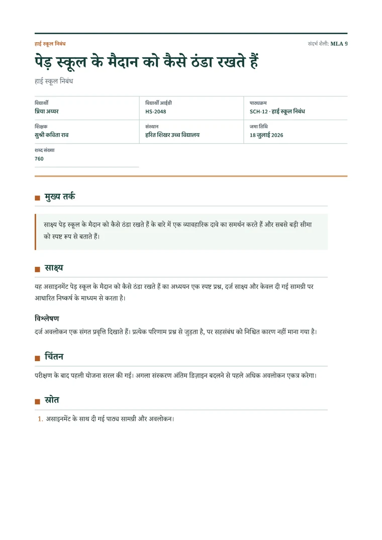 Rendered High School Essay PDF with a clear title sheet, thesis callout, evidence, and reflection