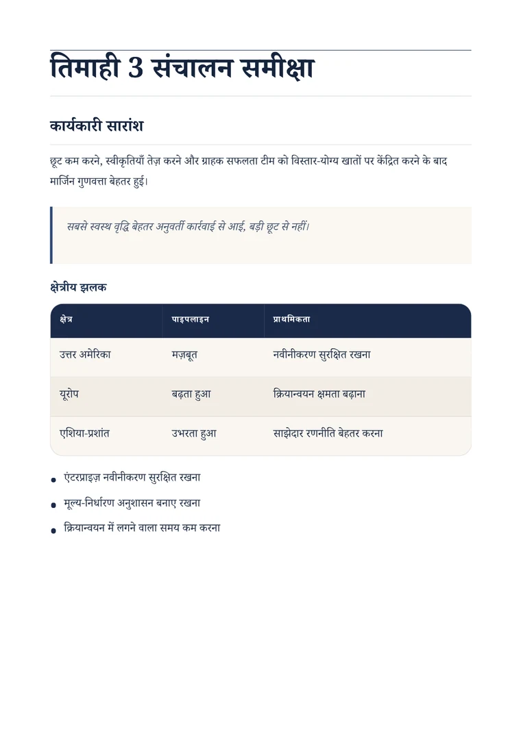 Rendered Executive PDF preview with operating review, pull quote, table, and bullets