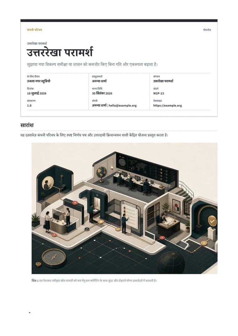 Rendered Company Profile PDF with mission, capabilities, sectors, leadership, and contact details