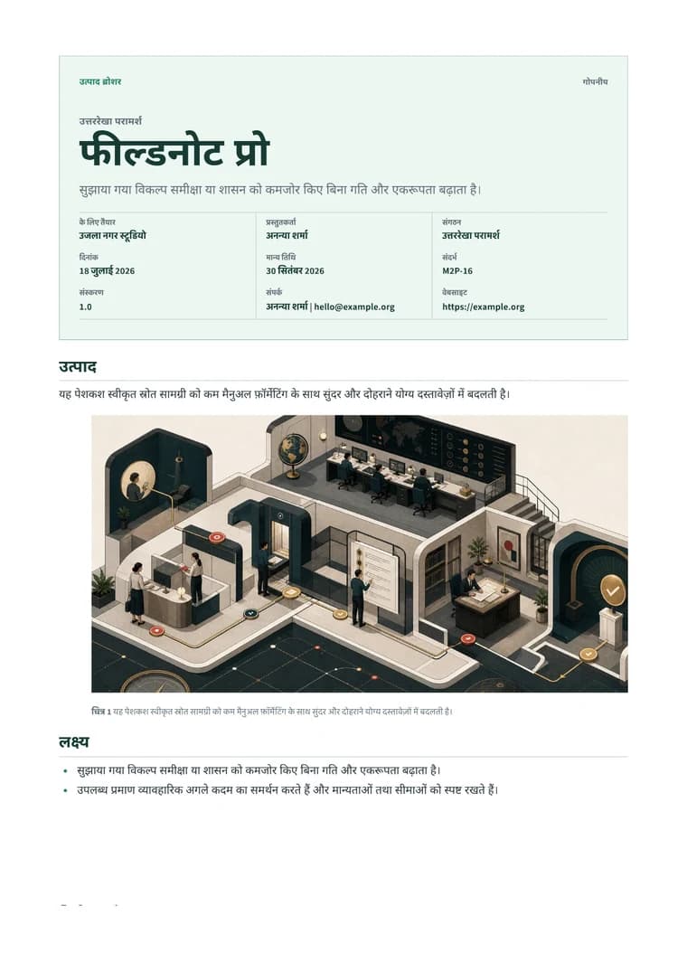 Rendered Product Brochure PDF with benefits, visual feature story, specifications, and call to action