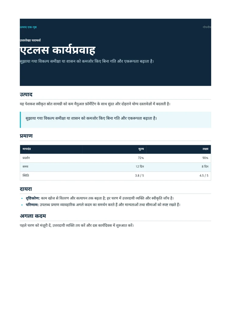 Rendered Product One-Pager PDF with positioning, proof metrics, capabilities, and call to action