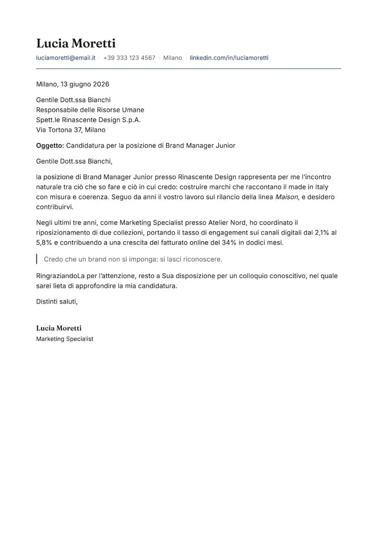 Rendered Modern Letterhead cover letter PDF with editorial typography and signed closing