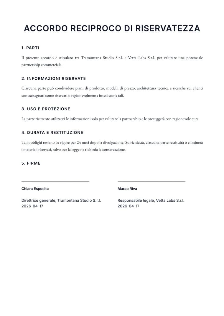 Rendered Legal PDF preview with numbered contract sections and signature blocks