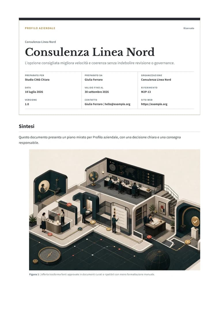 Rendered Company Profile PDF with mission, capabilities, sectors, leadership, and contact details