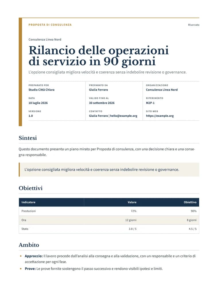 Rendered Consulting Proposal PDF with executive scope, outcomes, timeline, and fees